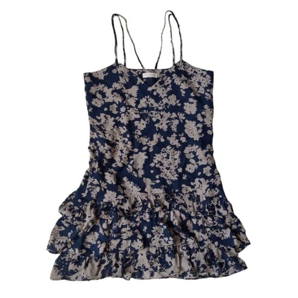 Ramy Brook Ashton Navy Blue and Tan Silk Ruffled Above Knee Dress Women's Small - Picture 1 of 12